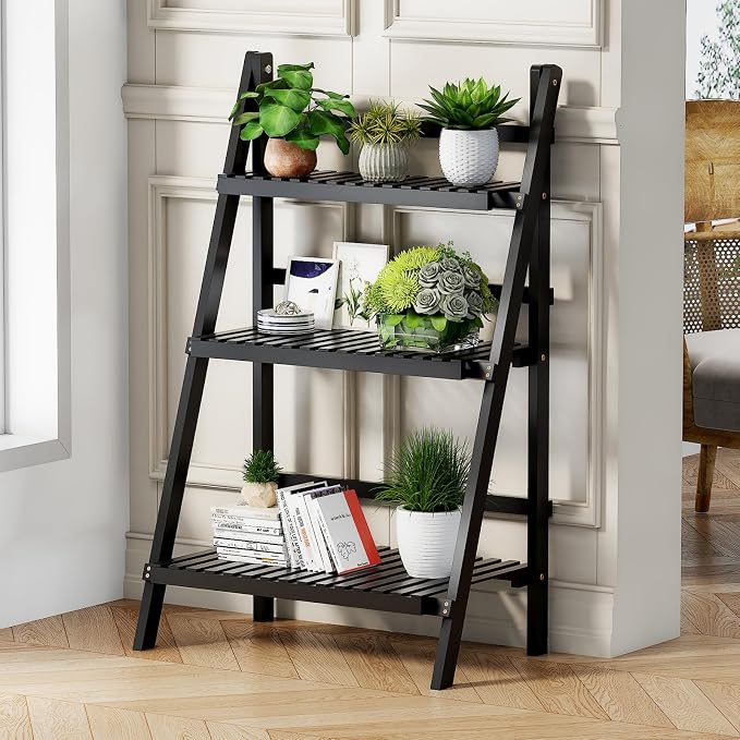oakvivo 39.4" Foldable Plant Shelf Ladder Shelf, 3 Tier Bamboo Ladder Flower - Image 3