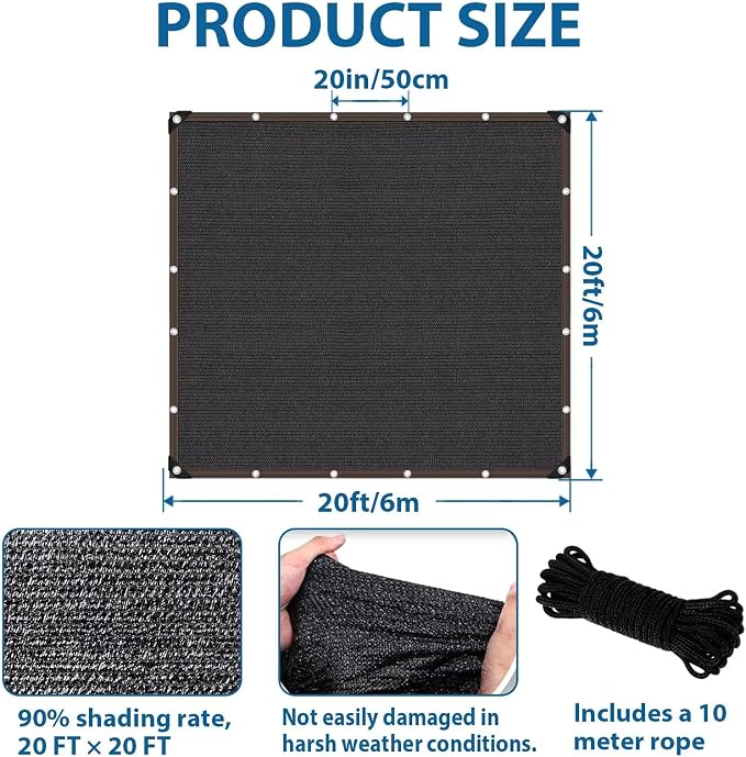 20 x 20 FT Shade Cloth -for Garden Plants, 90% Sunblock Shade Neting -for - Image 6