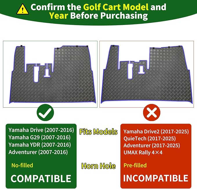 Golf Cart Floor Liner Mat 8mm Thick Rubber Full Coverage Only Fit for 2007-2016 Yamaha Drive (Gen1), G29, YDR, Adventurer Carts Diamond Deluxe Non-Slip Front Feet Mat Replacement - Blue Trim