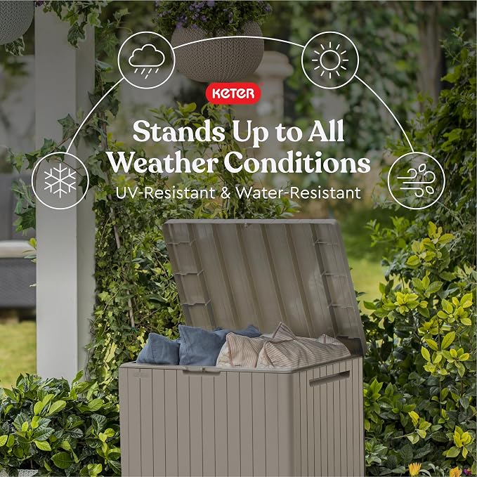 Keter City 30 Gal Outdoor Storage Box and Patio Side Table | Beige, Weatherproof - Image 3