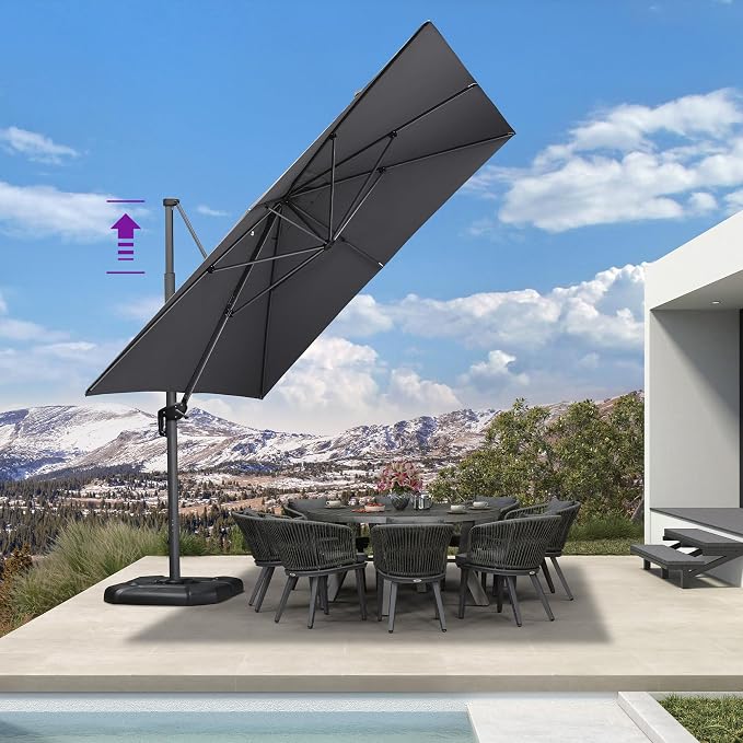 PURPLE LEAF Patio Telescopic Umbrella 11.5' x 11.5' Up Down Lifting Grey | by PURPLELEAF