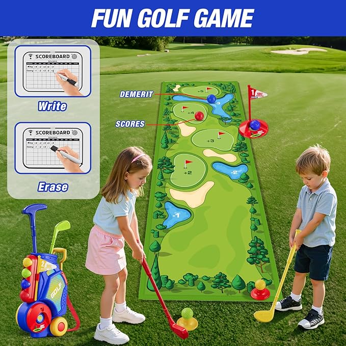3 in 1 Toddler Golf Set with Putting Mat & Sticky/Golf Game, Kids Golf Club with 8 Balls, 4 Plastic Clubs, Scoreboard, Indoor Outdoor Sport Toys with Golf Cart Gift for Boys Girls Aged 2-5, Blue