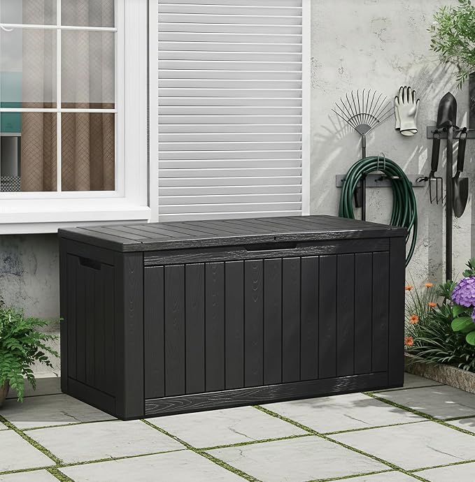 110 Gallon Waterproof Large Resin Deck Box, Lockable Large Outdoor Storage Box by KAMABOKO