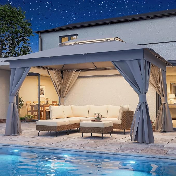 10'x13' Outdoor Gazebo with 50FT String Lights, Metal Heavy Duty Patio Canopy by LAUSAINTHOME