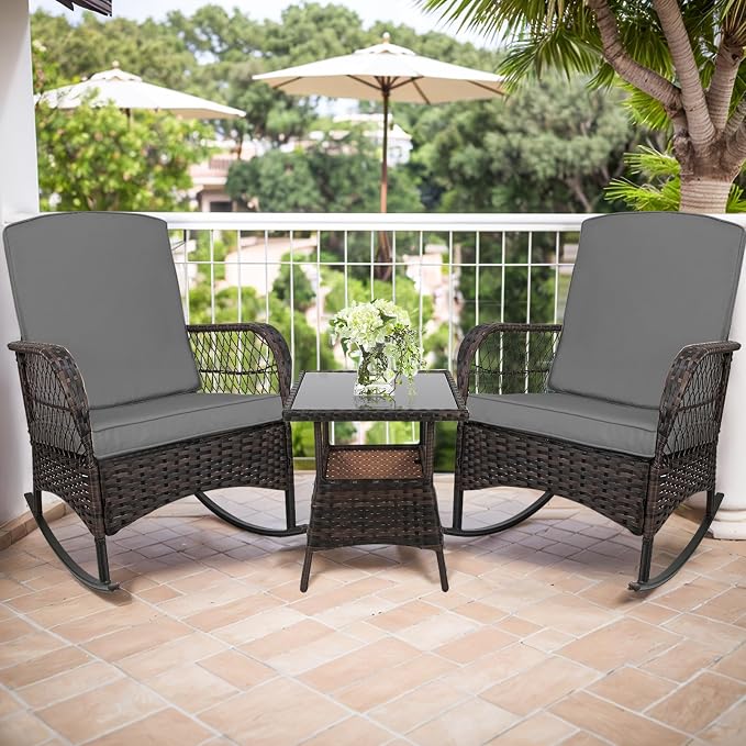 3 pcs Rocking Bistro Set Conversation Chairs PE Wicker Outdoor Rocking Chairs & - Image 7