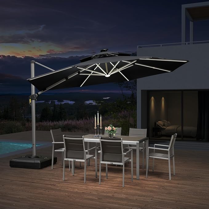 PURPLE LEAF Cantilever Umbrella 12ft Solar LED Light Double Top, Stays bright by PURPLELEAF