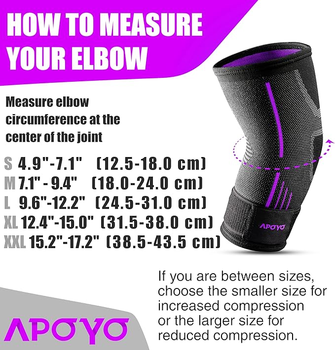 APOYO Elbow Brace for Tendonitis and Tennis Elbow, Elbow Compression Sleeve, Elbow Brace for Women and Men w/ Adjustable Strap for Tennis Elbow Relief, Weightlifting, Arthritis, Workouts, Reduce Joint Pain During Fitness Activity (Purple (Pair), Small)