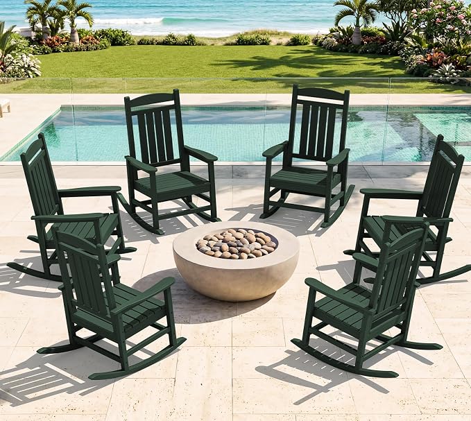 Oversized Outdoor Rocking Chairs Set of 6, HDPE Porch Rocker by KINGYES