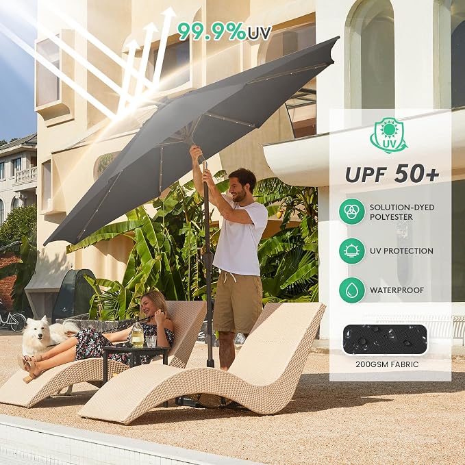 JEAREY 9' Patio Umbrella with Solar Lights, LED Umbrella, Jet Black | Outdoor - Image 4