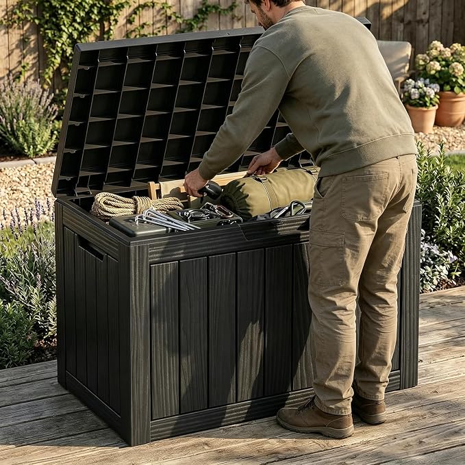60 Gal Outdoor Storage Box Waterproof Lockable Resin Deck Box | Patio Furniture - Image 2