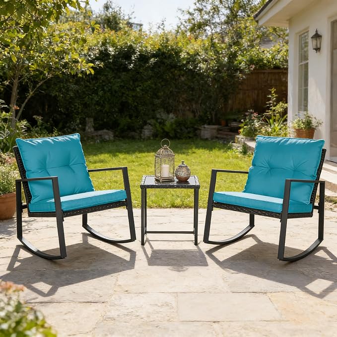 SUNCROWN 3 Piece Outdoor Rocking Bistro Set Black Wicker Furniture Porch Chairs - Image 3