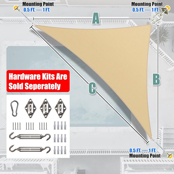 Amgo Custom Size 16' x 21' x 26.4' Beige Right Triangle Sun Shade Sail UPF50+ - Image 6