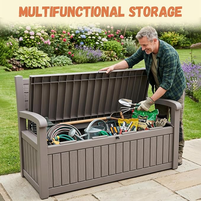 120 Gallon Outdoor Storage Bench, Lockable Patio Storage Bench, - Image 6