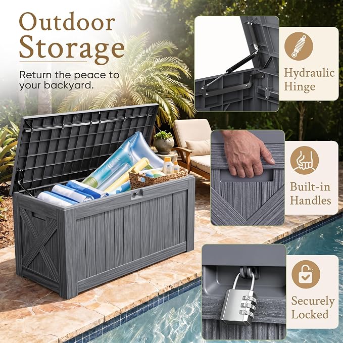 Devoko 120 Gallon Deck Box Resin Outdoor Storage Box Waterproof | Large Outdoor - Image 2