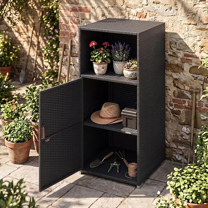 Tangkula Rattan Outdoor Storage Cabinet, Patiojoy PE Wicker Outdoor Cabinet - Image 9