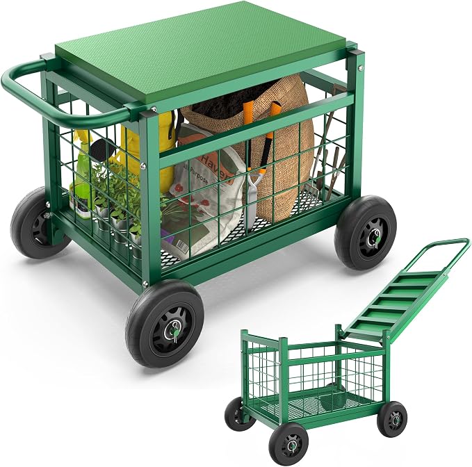 Garden Cart with Seat, 3-in-1 Rolling Seat with Wheels by FlinterOfficial