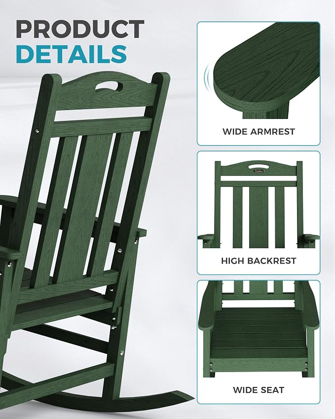 Oversized Outdoor Rocking Chair, High Back Patio Rockers, Deep Green | - Image 5