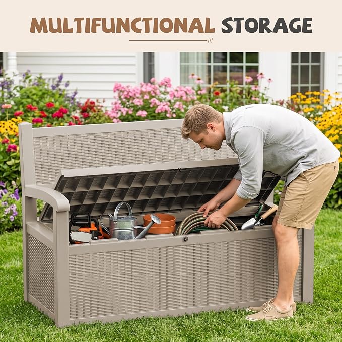 EFU Outdoor Bench Storage Deck Box, 100 Gallon Waterproof Wicker | Patio - Image 2