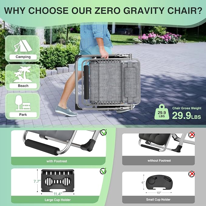 Suteck Oversized Zero Gravity Chair, 500LBS 29In XL Outdoor Recliner Chairs | - Image 5