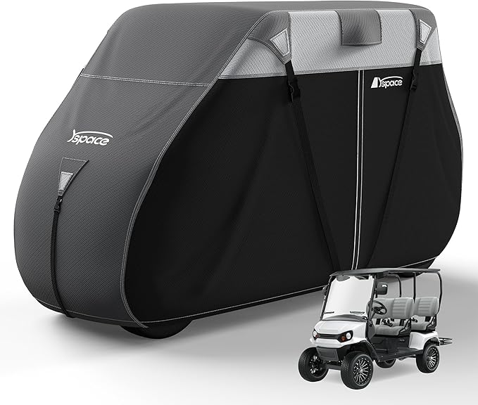 YSPACE 600D Waterproof Golf Cart Cover for 4+2 Passengers, Fits EZGO, Club Car, Yamaha, Honda, Heavy-Duty Polyester with Reflective Strips & Triple Windproof Straps