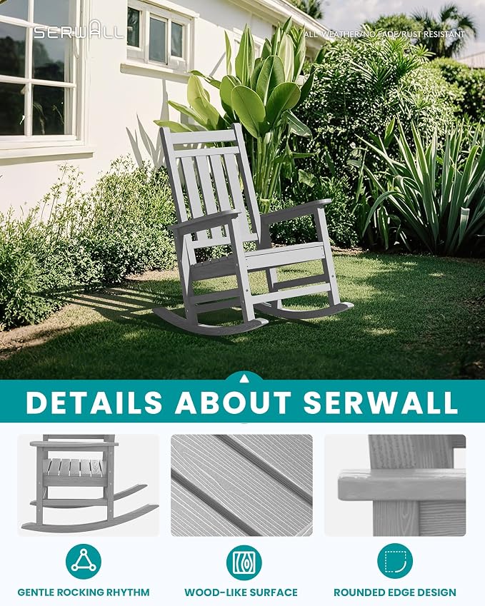SERWALL Outdoor Rocking Chair Set of 4, Sliver Gray | 21.1" Widened Seat adds - Image 3