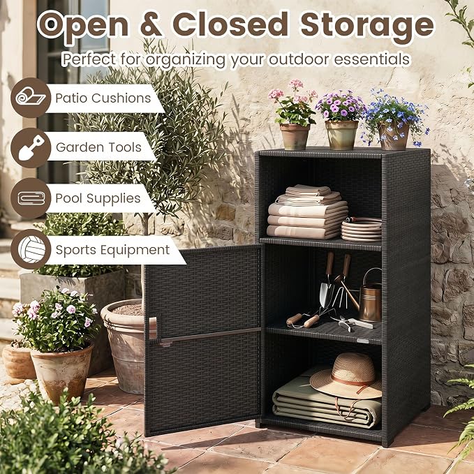 Tangkula Rattan Outdoor Storage Cabinet, Patiojoy PE Wicker Outdoor Cabinet - Image 3