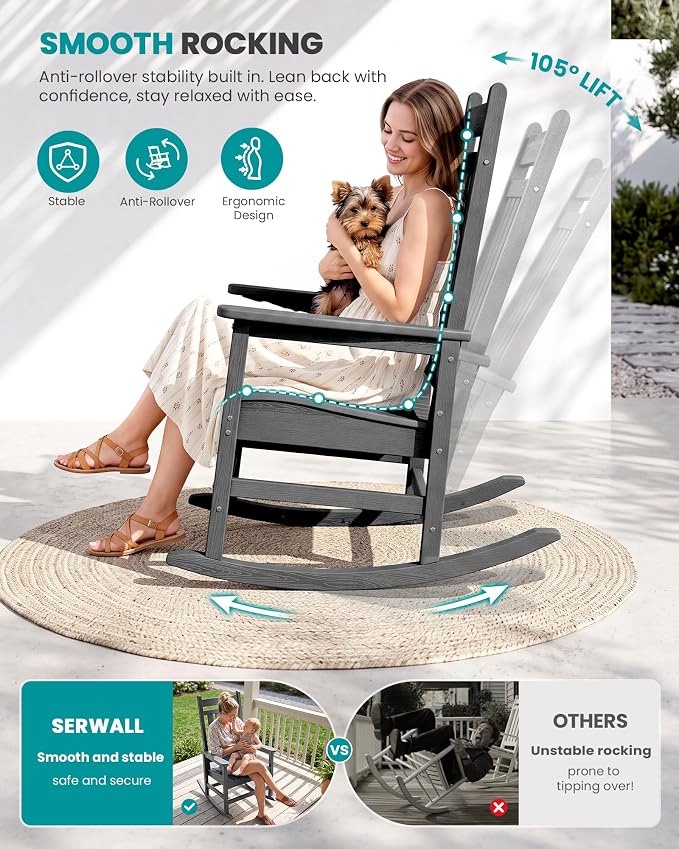 SERWALL Outdoor Rocking Chair Set of 2, Oversized Rocker - Image 3