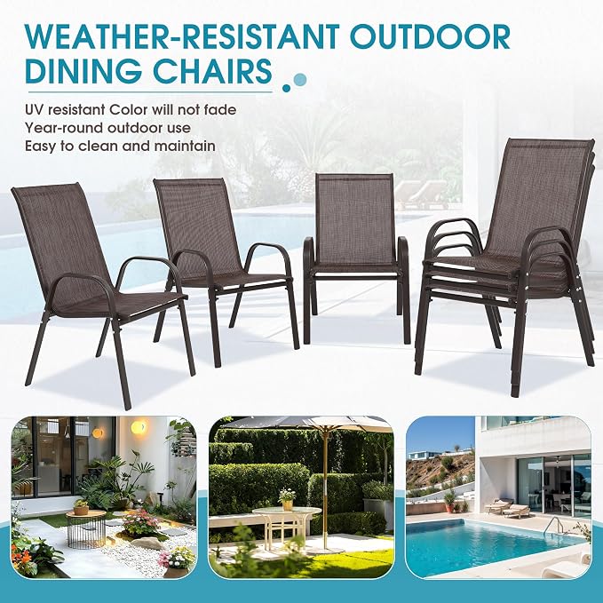 24.4" Wide Outdoor Stackable Chairs Set of 6 | Stacking Patio Chairs - Image 8