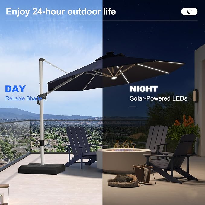 PURPLE LEAF Cantilever Patio Umbrella 11ft Round Solar LED Light, Support to - Image 3