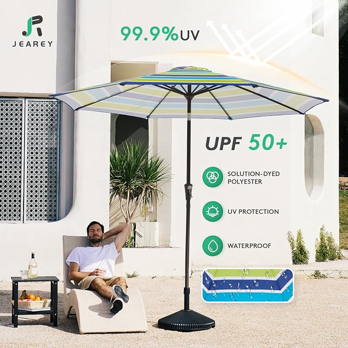 JEAREY 9FT Outdoor Patio Umbrella, Bold Blue & Green Stripe | Outdoor Table - Image 3