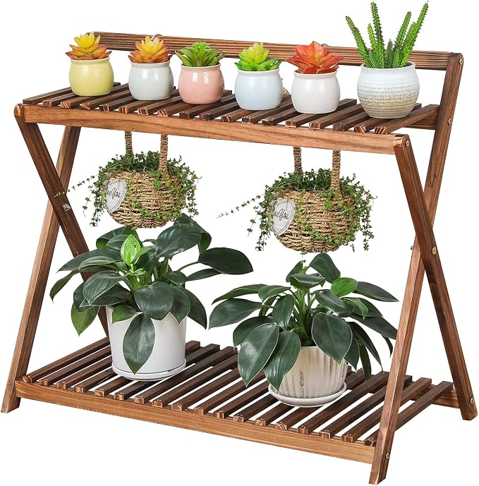 Indoor Plant Stand Shelf for Multiple Plants Hanging 2 Tier Wood | Outdoor by TOVACU
