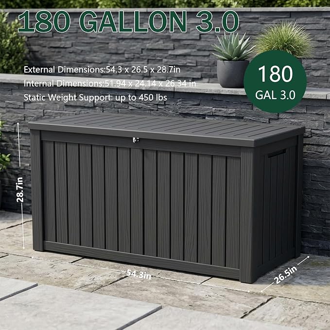 Outdoor Storage Box, 180 Gallon Waterproof Deck Box, Piston-Lift Tall Standing - Image 2