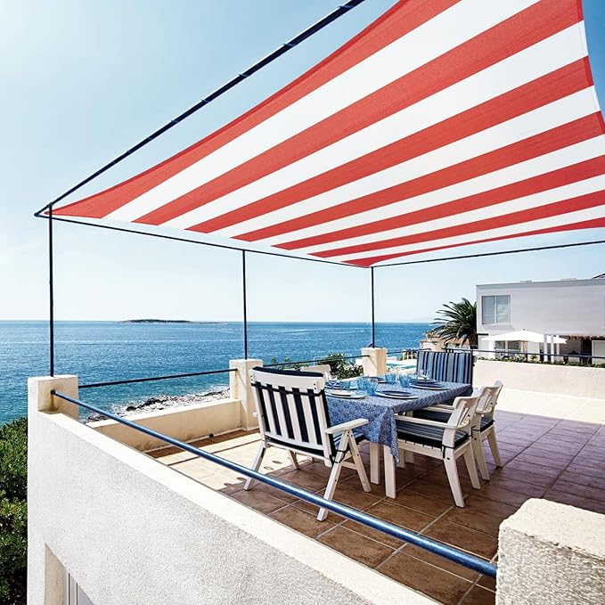 ColourTree TAPR0810 Custom Size 7' x 10' Red & White Stripes Sun Shade Sail by ColourTree