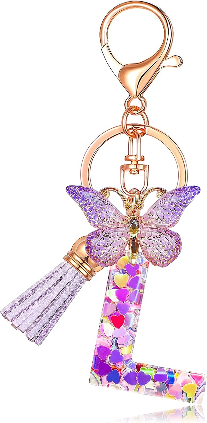 JINGUAZI Initial letter Keychains for Women Tassel Butterfly Pink Purple Cute Car Keychain for Wallet Backpack bag charm