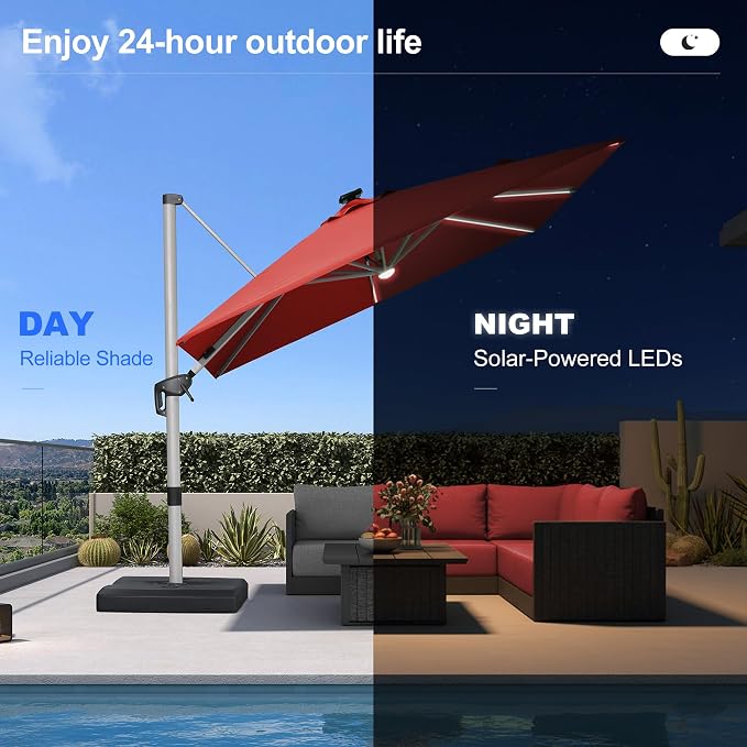 PURPLE LEAF Cantilever Patio Umbrella 9' X 9' Solar LED Light, Brick Red | - Image 5