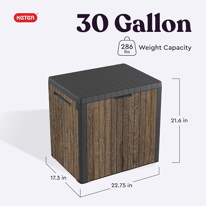 Keter Premium Everwood 30 Gal Outdoor Storage Box and Patio Side Table | Walnut - Image 2