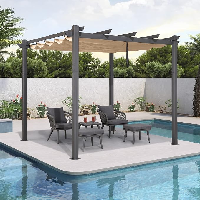 PURPLE LEAF Outdoor Pergola 10' X 10' Retractable Canopy Aluminum, Custom Shade - Image 2