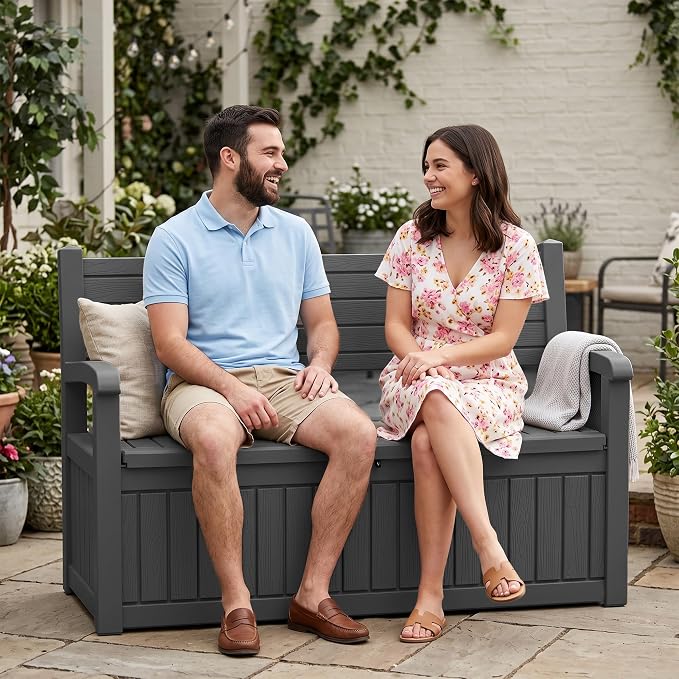 100 Gallon Wood-Grain Storage Bench, Waterproof & Lockable, Doubles as Bench - Image 2