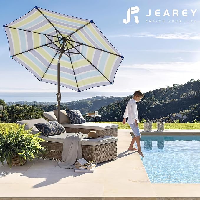 JEAREY 9FT Outdoor Patio Umbrella, Bold Blue & Green Stripe | Outdoor Table - Image 4