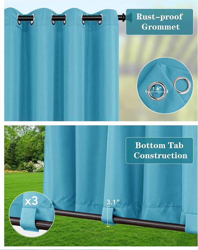 Windproof Outdoor Curtains for Patio Waterproof 4 Pcs 54x84 In Teal | Grommet - Image 2
