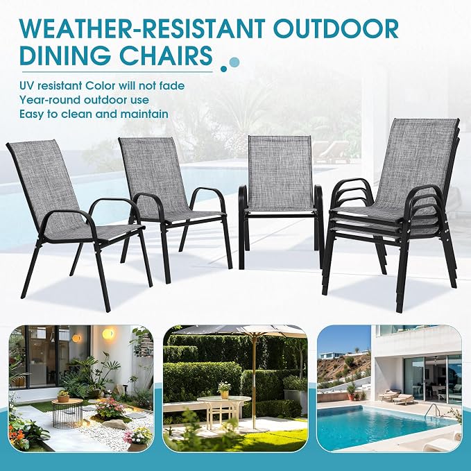 24.4" Wide Outdoor Stackable Chairs Set of 6 | Stacking Patio Chairs - Image 8