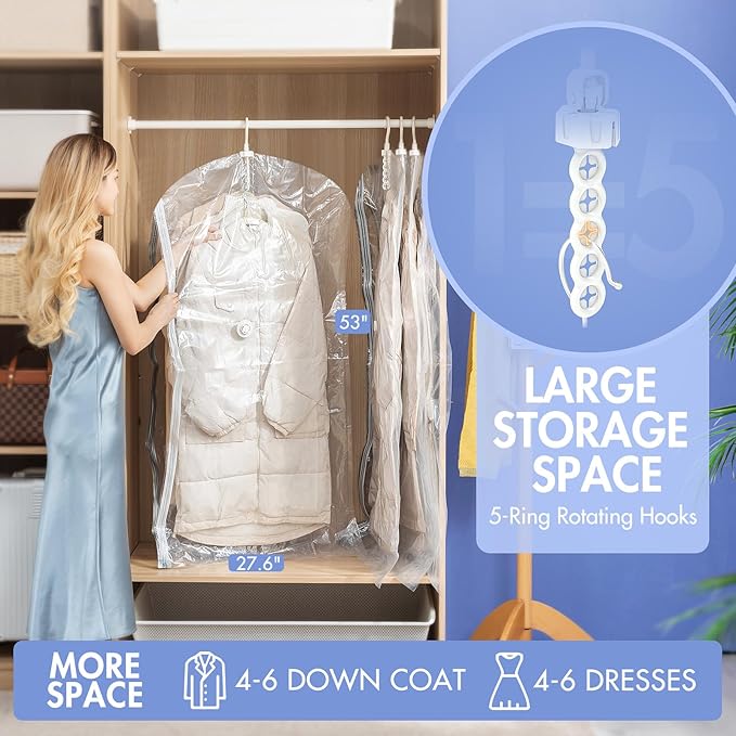 Hanging Vacuum Storage Bags, 6 Pack (53 x27.6 inch), Vacuum Seal Bags for Clothing, Garment Storage for Coat, Jacket, Suits, Dresses, Closet Oragnization and Storage