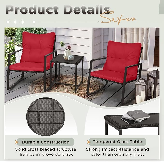 SUNCROWN 3 Piece Outdoor Rocking Bistro Set Black Wicker Furniture Porch Chairs - Image 8