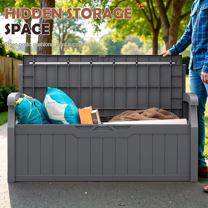 JUMMICO 80 Gallon Resin Outdoor Storage Bench Waterproof, Deck Box | Large Deck - Image 6