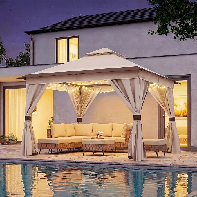 10'x10' Outdoor Gazebo with 50FT String Lights, Metal Heavy Duty Patio Canopy by LAUSAINTHOME