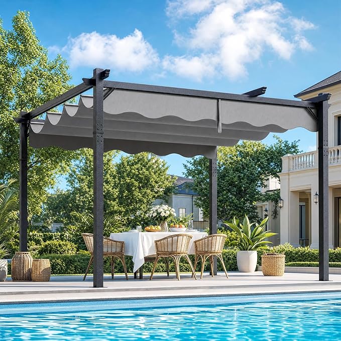 10'x12' Retractable Pergola, Outdoor Pergolas by Unknown