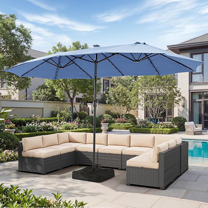 Aoxun 15ft Patio Umbrella with Base & Solar LED Lights, Outdoor Double-Sided - Image 3