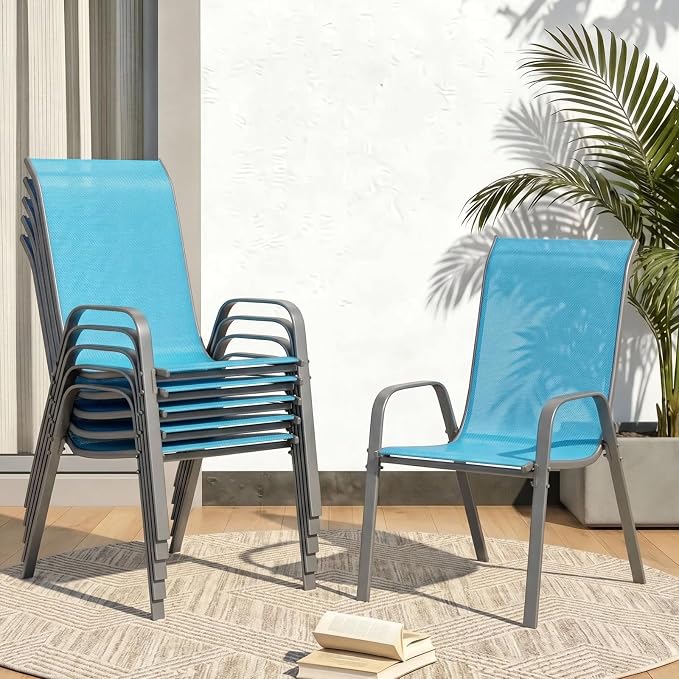 MAMIZO Patio Dining Chairs, Stackable Textilene Chair Set of 8, Sky Blue | by MAMIZO
