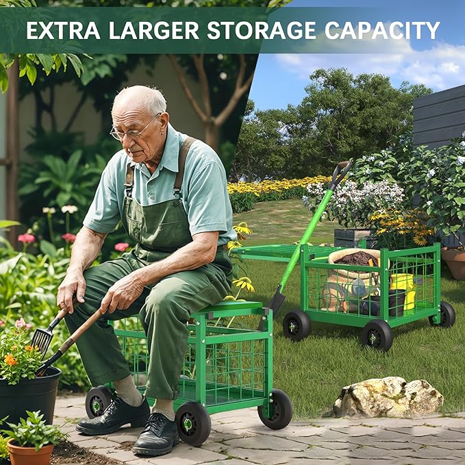 Garden Cart with Seat, 3-in-1 Rolling Seat with Wheels - Image 4