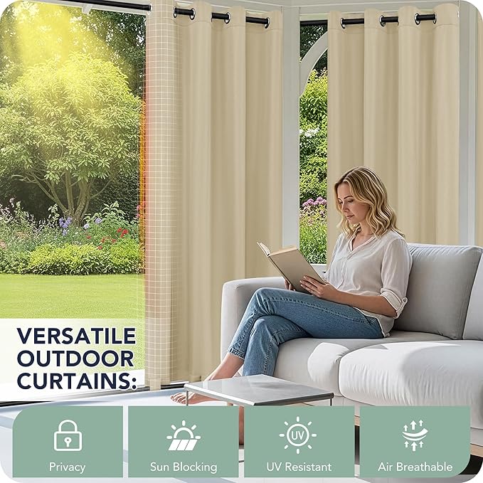 Outdoor Curtains for Patio Waterproof 6 Panels, Porch Sun Shade | Weatherproof - Image 3